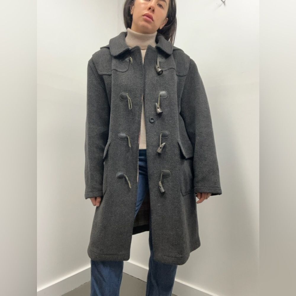 Vintage Mulberry London 90's Gray Wool Herringbone Hooded Toggle Pea Coat Size M